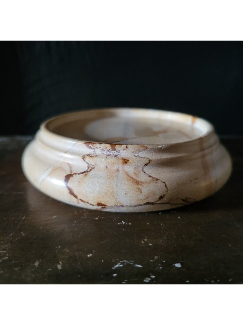 Vintage Burma Teak Marble Display Base Pillar Candle Holder Smudge Dish